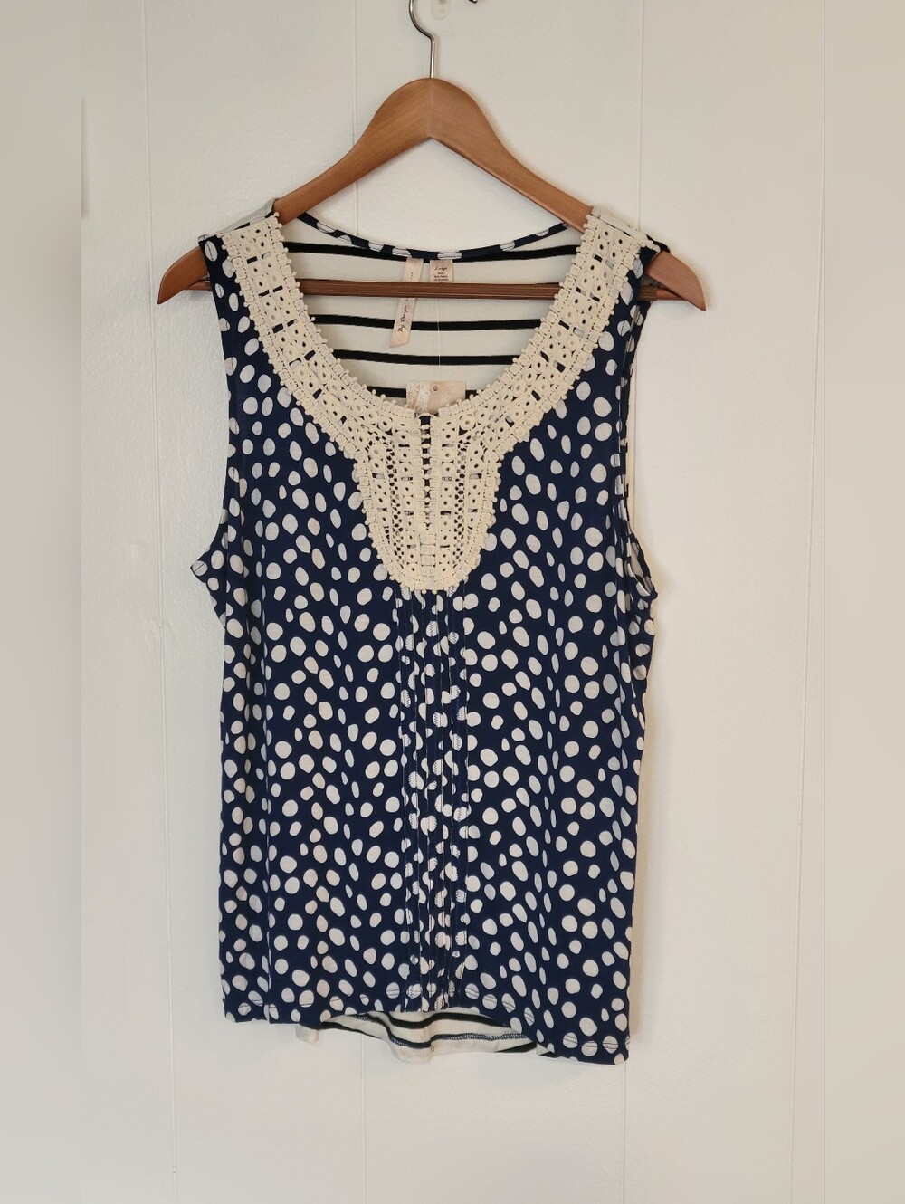 By Design Navy Polka Dot Tank with Crochet Trim